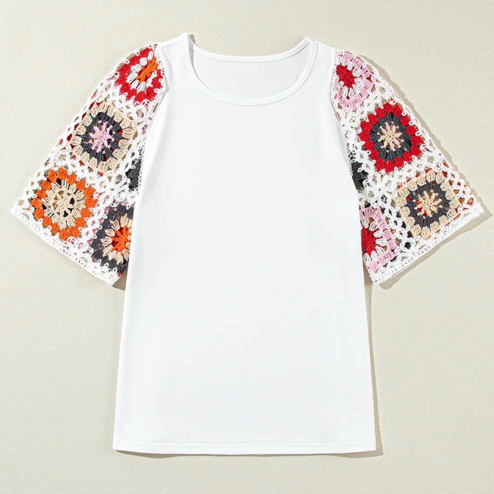 Lovesoft White Tee with Crochet Patchwork Sleeves